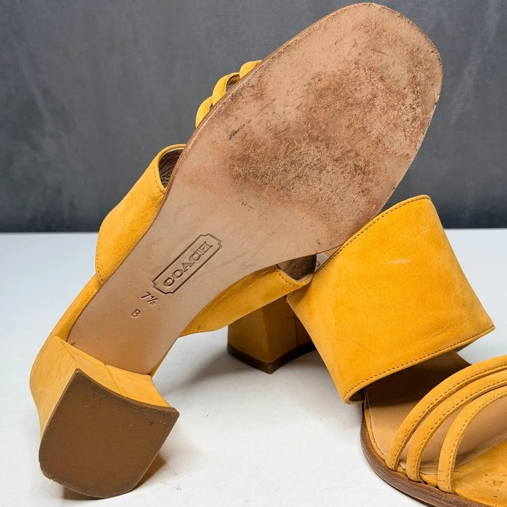 Coach Francesca Mules Women 7.5B Marigold Yellow Suede Block Heel Made in Italy
